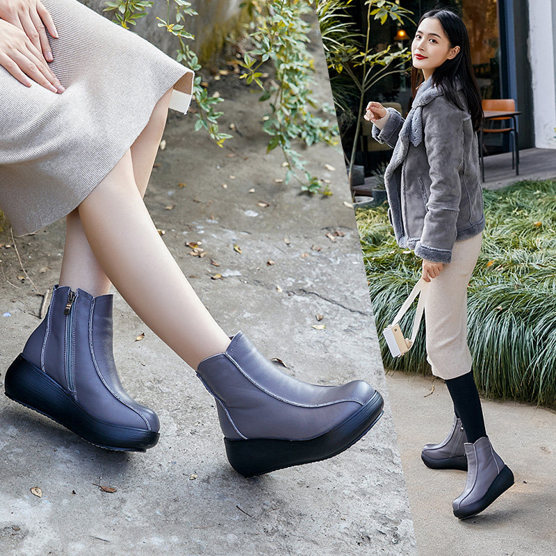 2026秋冬季新款加绒棉鞋头层牛皮厚底短靴女高跟休闲舒适女靴皮鞋
