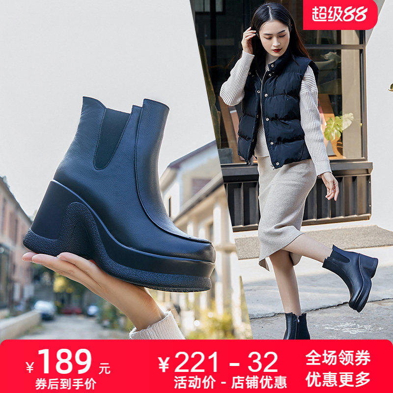 2026秋冬新款牛皮女靴潮厚底短靴松糕高跟保暖真皮棉鞋皮鞋马丁靴