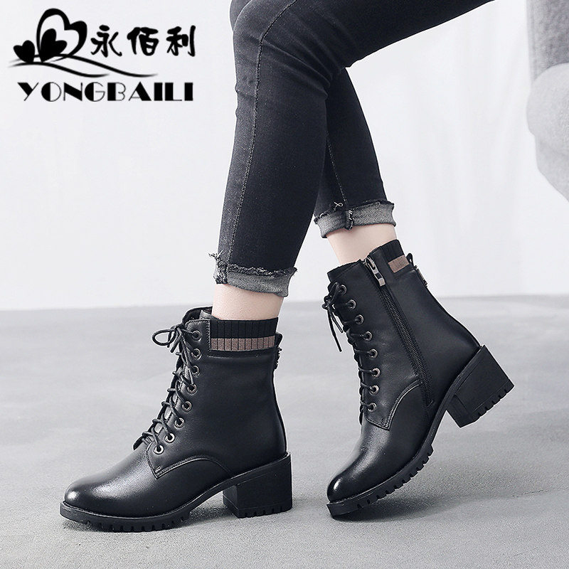 真皮粗跟马丁靴女高跟皮鞋2025秋冬新款百搭防水台短靴女加绒棉靴