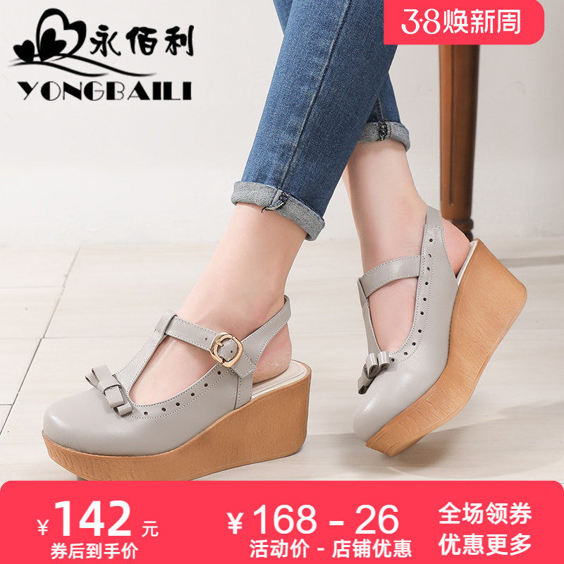 2025夏罗马坡跟T字带凉鞋女士真皮包头厚底复古镂空百搭女鞋皮鞋