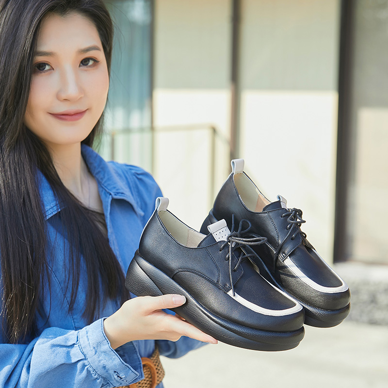 永佰利单鞋英伦风真皮厚底低帮鞋