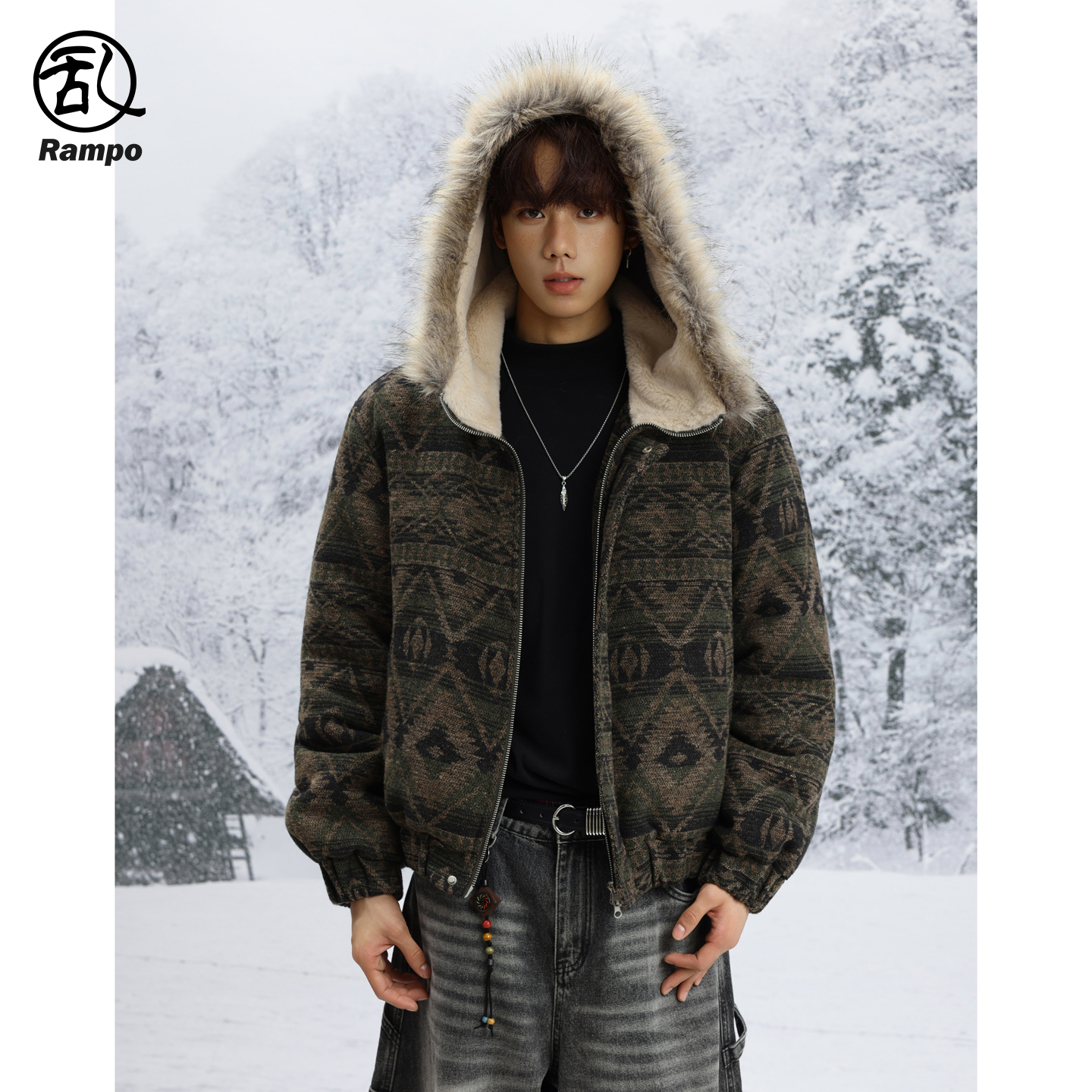 民族风提花连帽座山雕毛领棉服