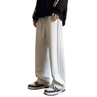 加绒休闲卫裤男款2026年美式复古灰色阔腿裤子青少年垂感运动长裤