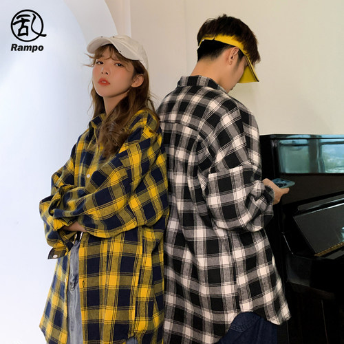 韩版潮流青少年情侣黑白格子衬衫