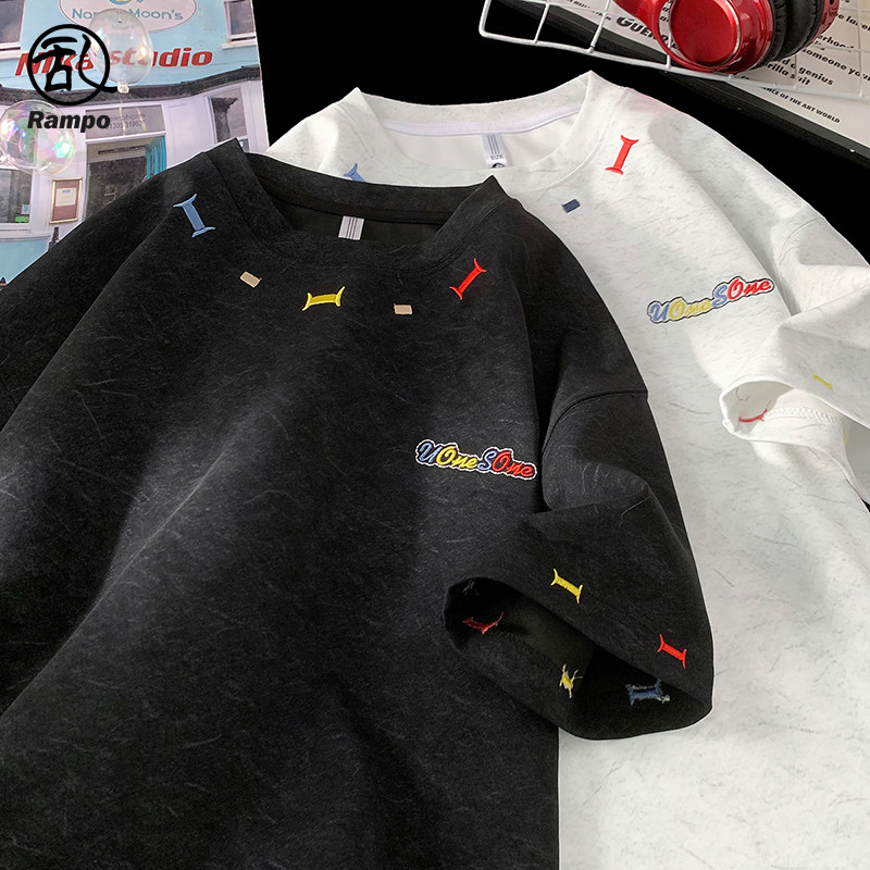 砂洗刺绣短袖t恤男冰丝半袖学生