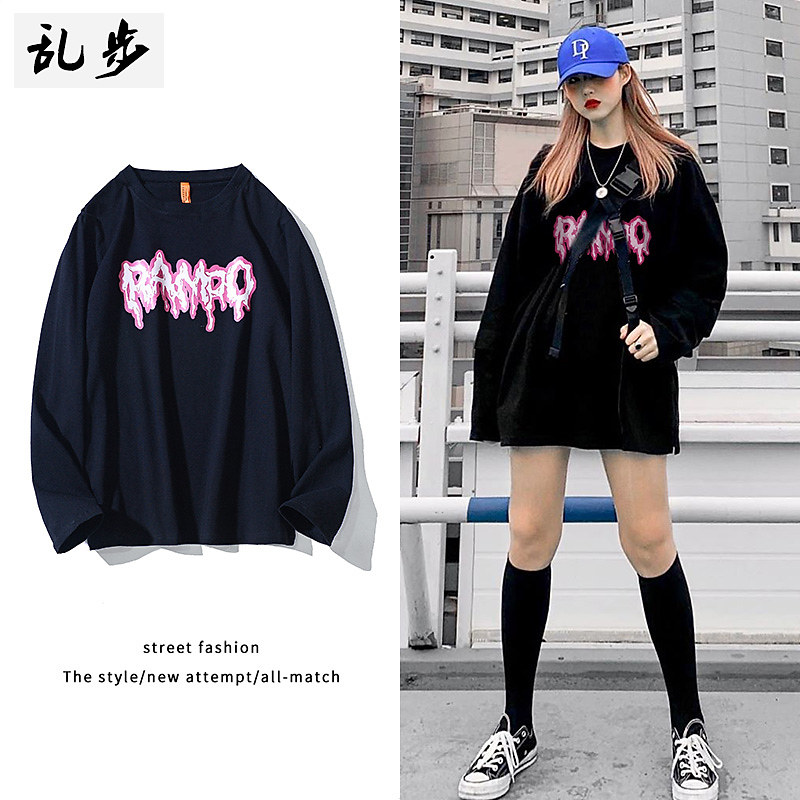 hiphop纯棉大码女装美式ins宽松百搭潮牌嘻哈oversize长袖t恤男女