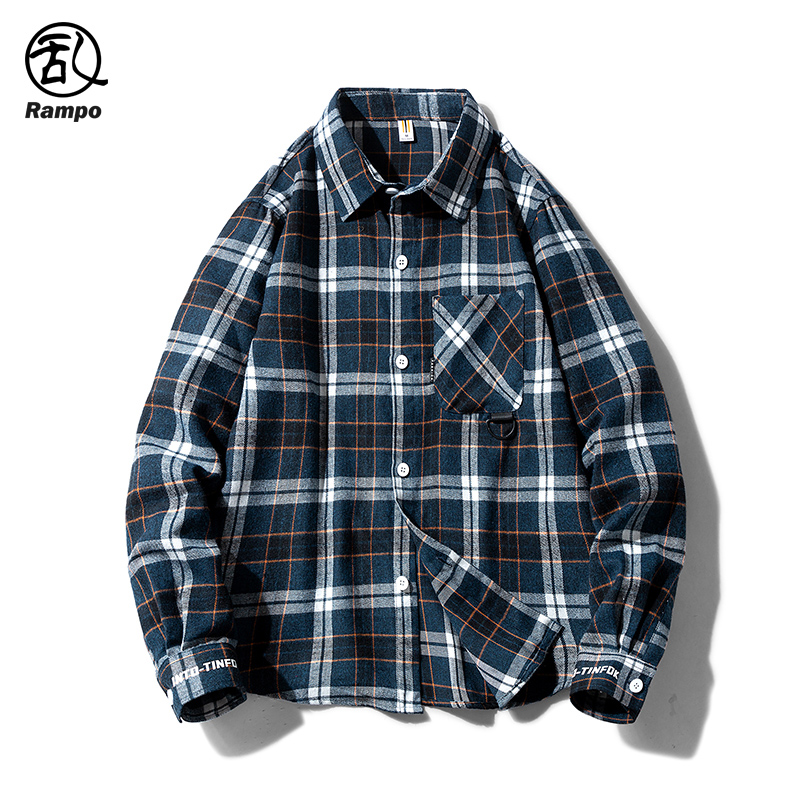 港风格子长袖衬衫2024年秋季美式