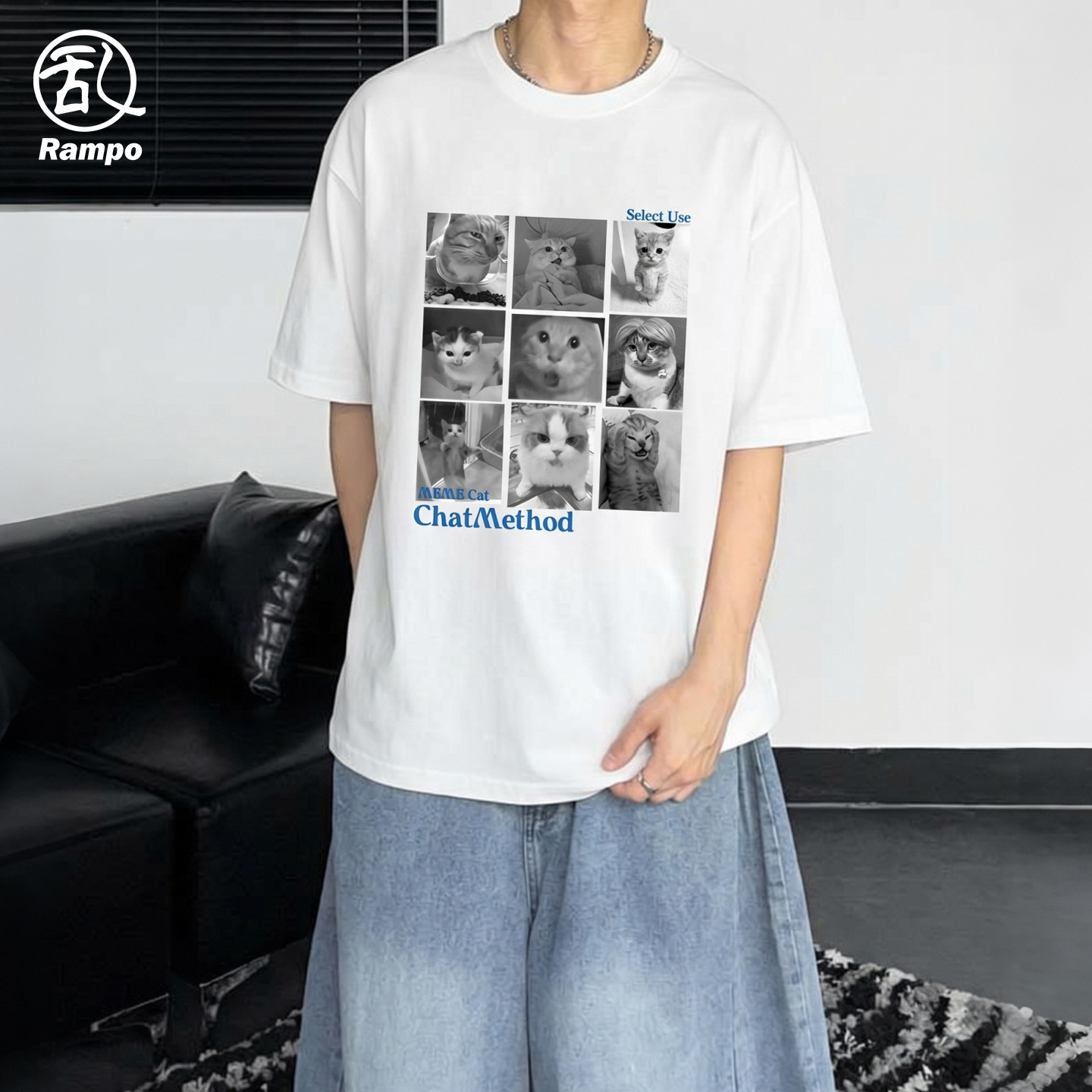 韩系chic猫咪表情包印花短袖T恤男女同款宽松oversize夏季潮上衣
