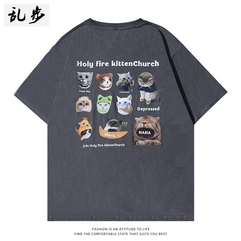 美式复古短袖纯棉猫咪t恤上衣