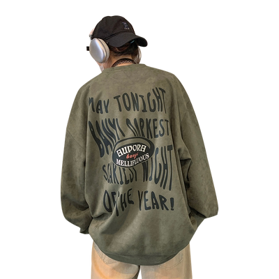 美式字母印花圆领卫衣无帽外套男