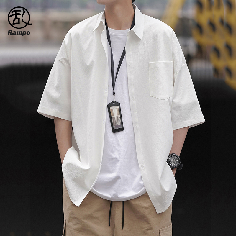 白色短袖衬衫男夏季宽松大码高级感痞帅潮牌冰丝休闲半袖衬衣外套