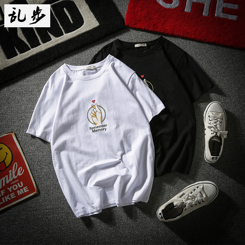 2018新款韩版网红同款ulzzang短袖T恤潮男女情侣比心印花T-shirt