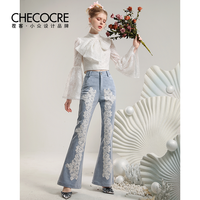茬客名媛风长款蕾丝拼牛仔长裤