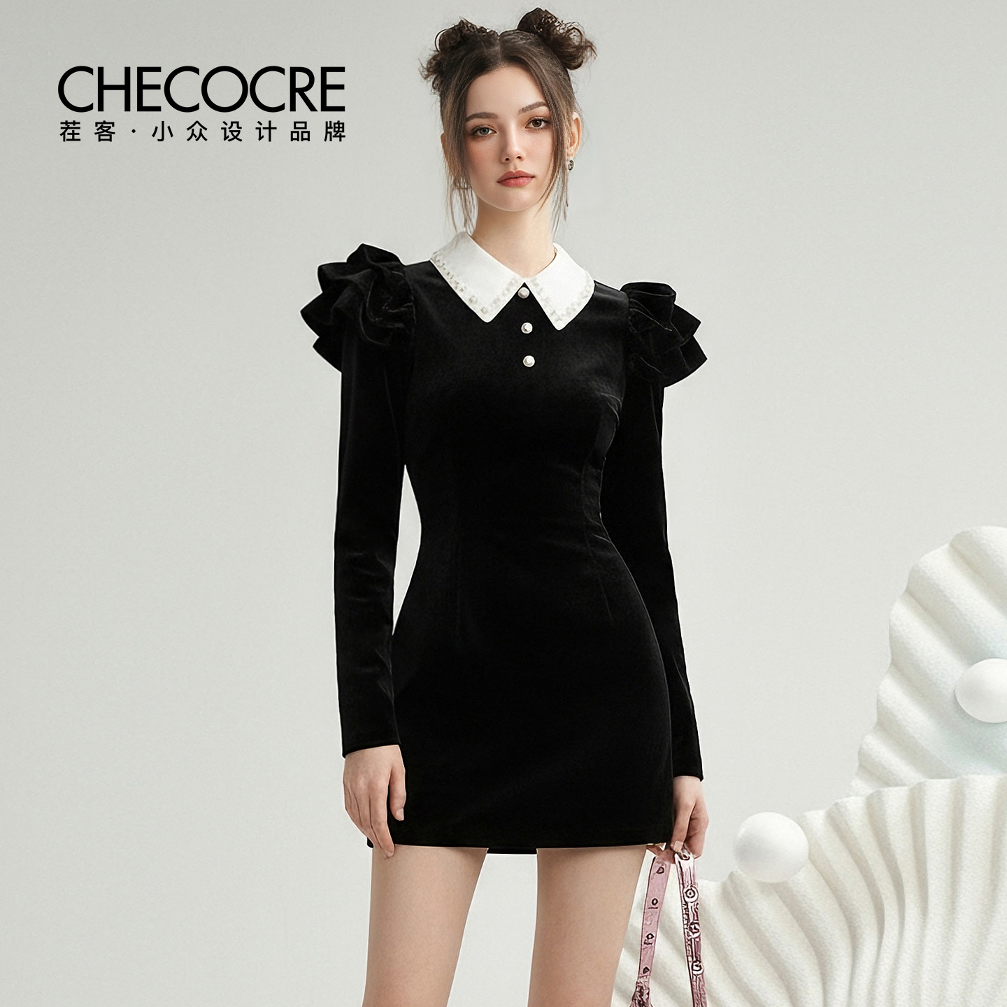 茬客秋冬新款翻领小飞袖短裙