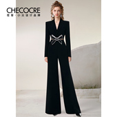 花蝶梦 2025秋冬蝴蝶结V领西装 时尚 茬客 气质御姐修身 连体裤 裤