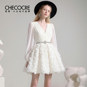 月光泪 气质名媛风连衣裙2026春季 新款 茬客 V领泡泡袖 收腰短裙