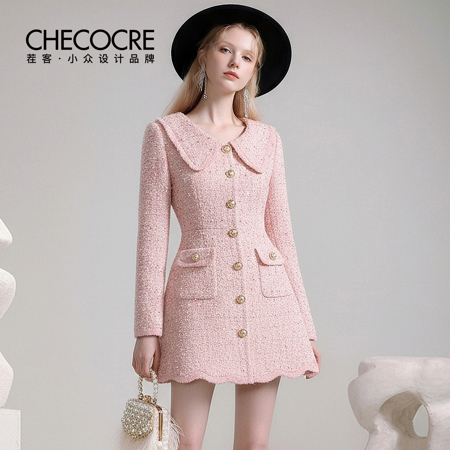 茬客新款娃娃领波浪边短裙