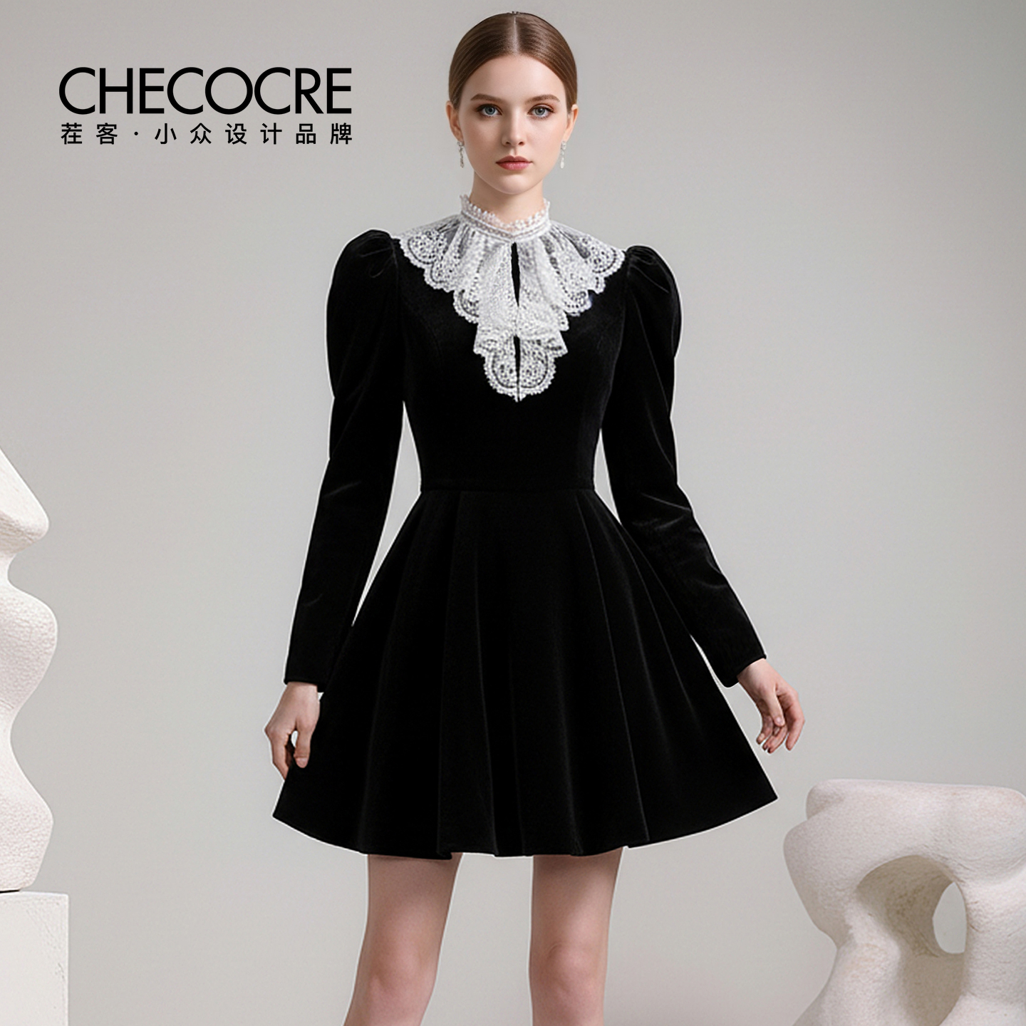 茬客立领泡泡袖蕾丝短裙