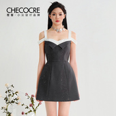 新款 茬客时尚 气质风连衣裙2025夏季 时髦感收腰A摆吊带假两件短裙