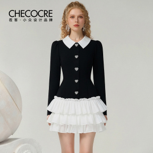 翻领拼接爱心扣蛋糕裙 甜美优雅风连衣裙25秋新款 茬客 巴黎恋书