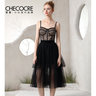 黑粉撞色外套小众设计吊带裙子女 25年秋夏新款 茬客新中式 网纱套装