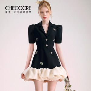 茬客轻熟西装裙女新款优雅气质设计感钉钻欧根纱拼接连衣裙