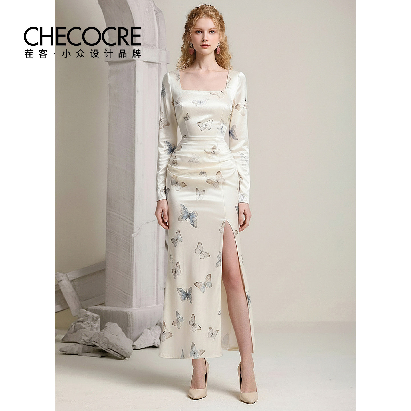 茬客【蝶影流光】法式浪漫风连衣裙2026春新款方领定制印花,女装/女士精品,连衣裙,淘宝优惠券,粉丝福利购,淘宝优惠卷