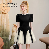 茬客法式 轻奢气质连衣裙2025夏新款 名媛贵气复古显瘦黑色蓬蓬短裙