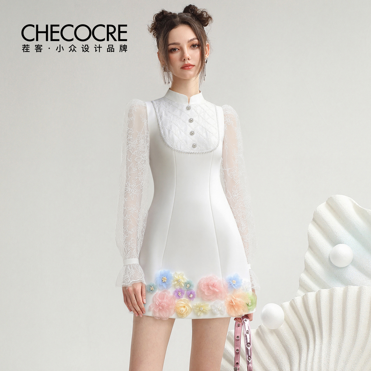 茬客新中式蕾丝拼接复古连衣裙