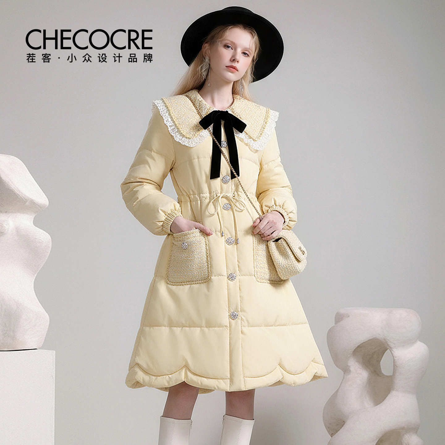 茬客娃娃领蕾丝蝴蝶结抽绳棉服