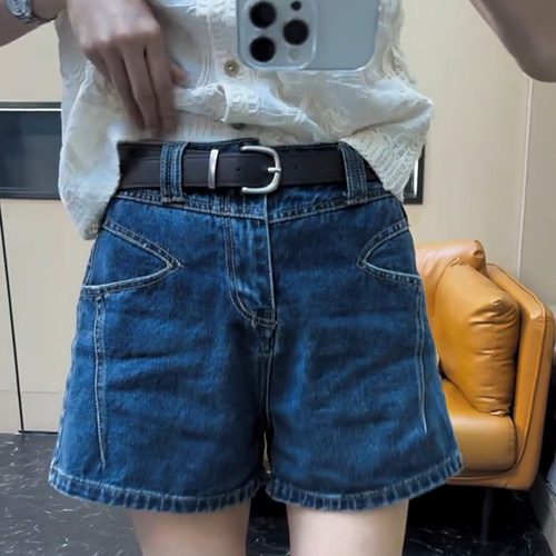 大码高腰蓝色设计感牛仔短裤女