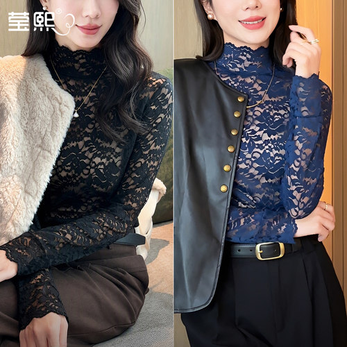 早秋半高领蕾丝网纱长袖打底衫