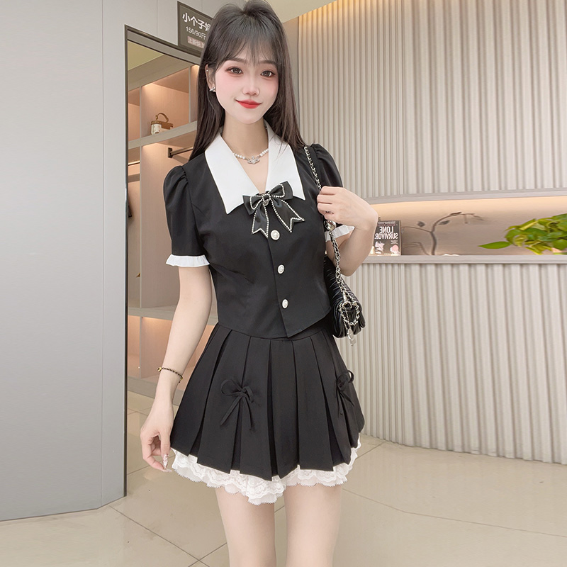 2025新款法式复古气质小香风衬衫黑白撞色修身显瘦短袖衬衣蝴蝶结