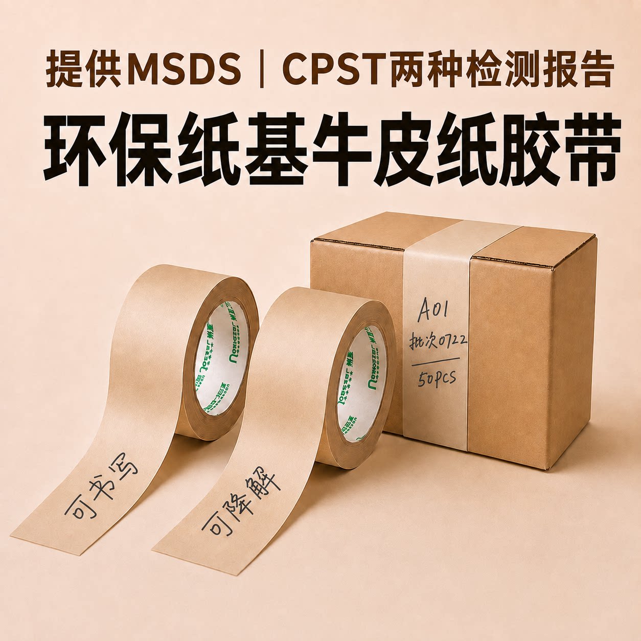 新星免水可降解牛皮纸胶带高粘强力可书写封箱胶带外贸出口包装纸箱打包环保可回收纸胶带