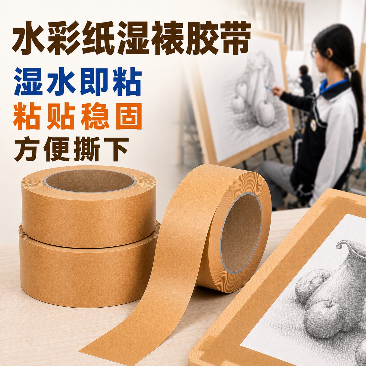 水彩纸湿裱水胶带美术生国画工笔画宣纸裱画专用湿水牛皮纸胶带书画固定水溶性裱纸胶带绘画宽胶带画板制作