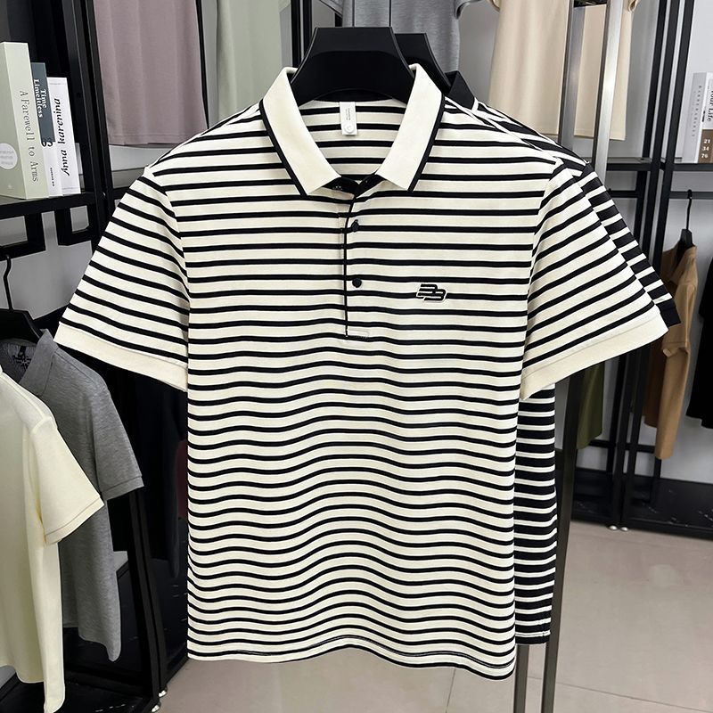 复古潮流黑白条纹短袖修身透气休闲上衣夏季男士针织polo衫大码男