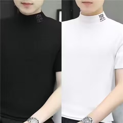 男士冬季短袖t恤半高领德绒加厚半袖男款修身保暖新款打底衫T休闲