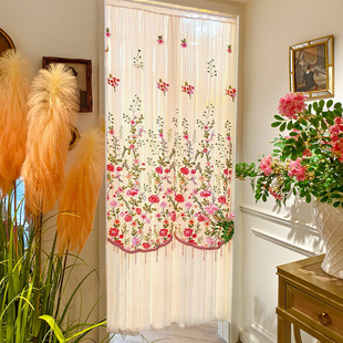 法式门帘四季刺绣隔断帘氛围感长款门帘高级感免打孔蕾丝防蚊纱帘
