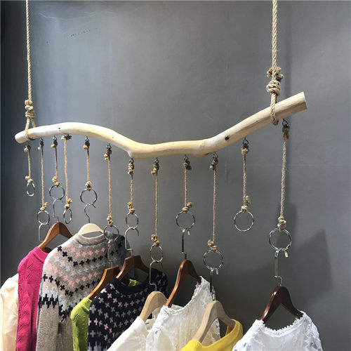 服装店吊环天然树枝衣架麻绳展示架吊挂吊钩上墙悬挂侧挂复古新品