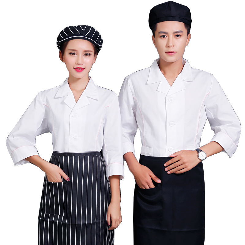 女士廚師工作服長(zhǎng)袖學(xué)校食堂飯店后廚房工衣烘焙師白色翻領(lǐng)廚師服