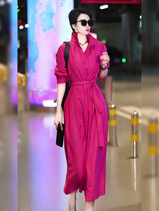 玫红色高级感超好看连衣裙女2024秋款小众设计感网红炸街衬衫长裙