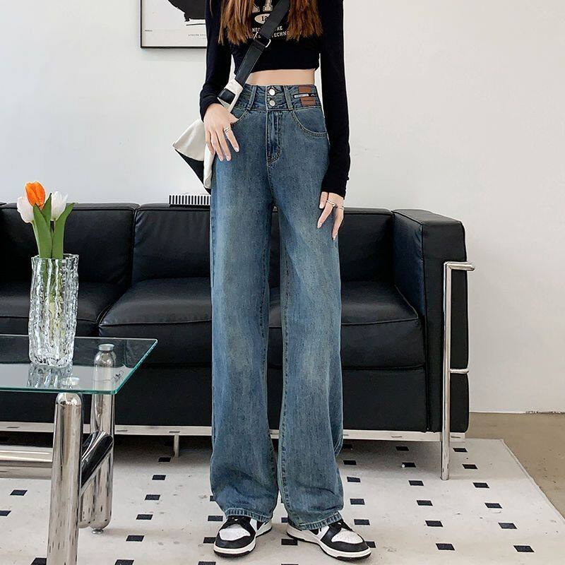 复古蓝高腰阔腿牛仔裤女宽松显瘦ins百搭直筒垂坠感拖地潮裤