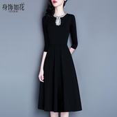 秋钉珠小黑裙2025春新款 连衣裙 黑色七分袖 淑女气质修身 a字中长款