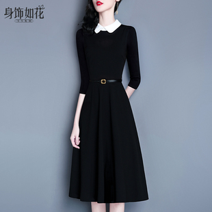 秋冬气质小黑裙2025春新款修身a字中长款娃娃领七分袖黑色连衣裙