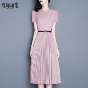 新款百褶裙2026夏淑女装气质名媛修身A字裙短袖中长款粉色连衣裙