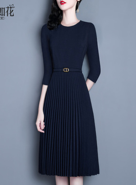 2024春秋新款气质修身淑女装A字裙七分袖百褶中长款藏蓝色连衣裙