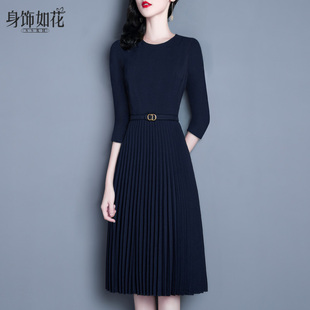 2024春秋新款气质修身淑女装A字裙七分袖百褶中长款藏蓝色连衣裙