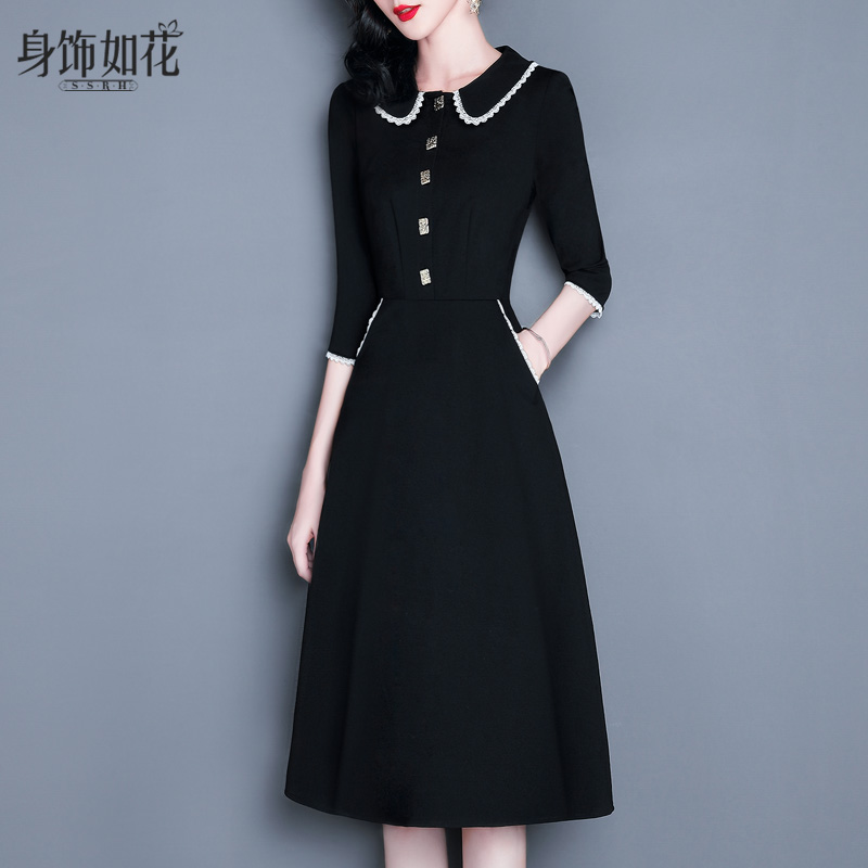 小黑裙2025春秋新款淑女装冬a字娃娃领长袖气质打底裙黑色连衣裙