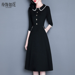 小黑裙2025春秋新款淑女装冬a字娃娃领长袖气质打底裙黑色连衣裙