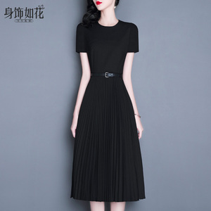 百褶小黑裙2024夏新款淑女装气质修身A字裙中长款短袖黑色连衣裙